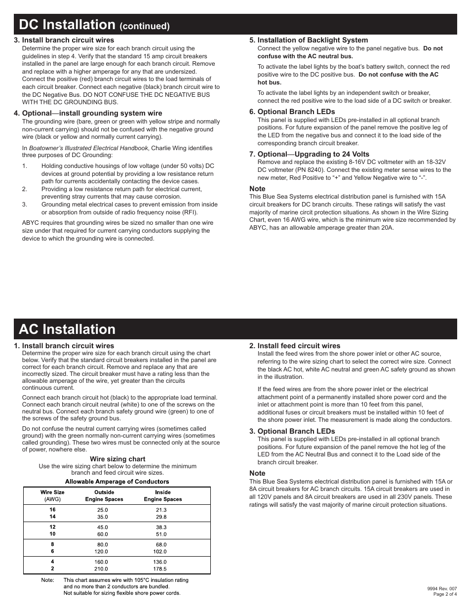 Dc installation, Ac installation, Continued) | Blue Sea Systems 8184 AC Main + 6 Positions/DC Main + 15 Positions [European] User Manual | Page 2 / 4