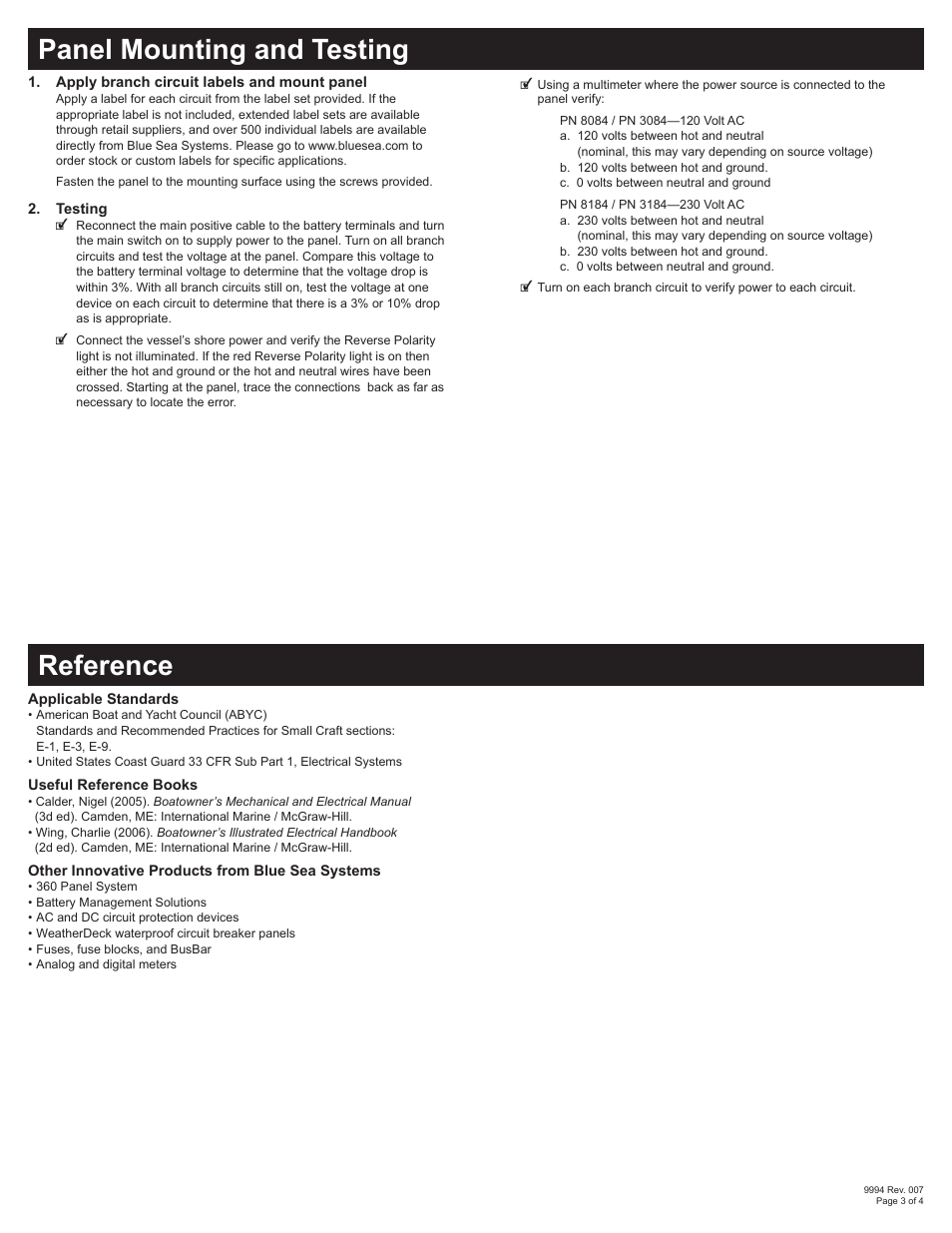 Panel mounting and testing reference | Blue Sea Systems 8184 AC Main + 6 Positions/DC Main + 15 Positions [European] User Manual | Page 3 / 4