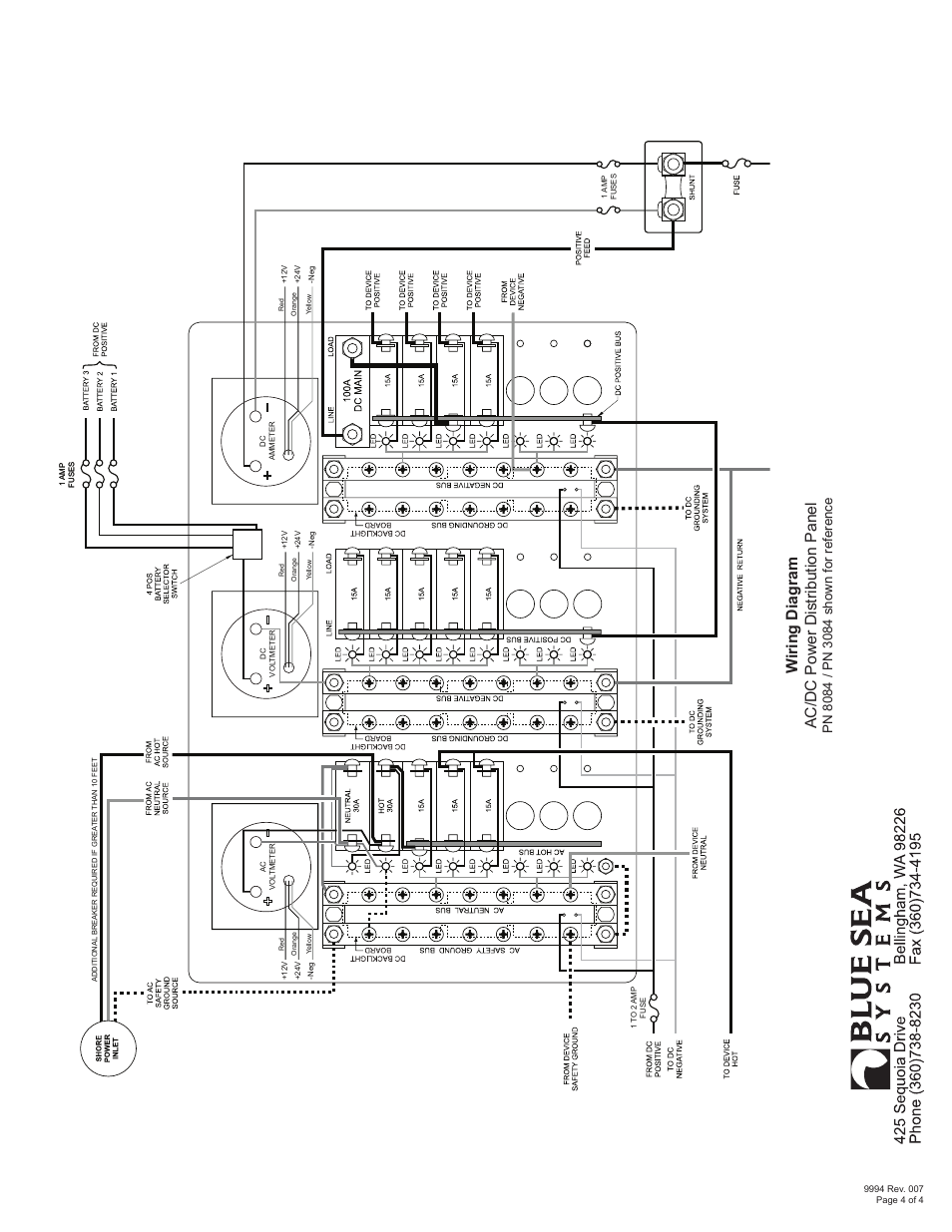 Wiring diagram ac/dc power distribution panel | Blue Sea Systems 8184 AC Main + 6 Positions/DC Main + 15 Positions [European] User Manual | Page 4 / 4