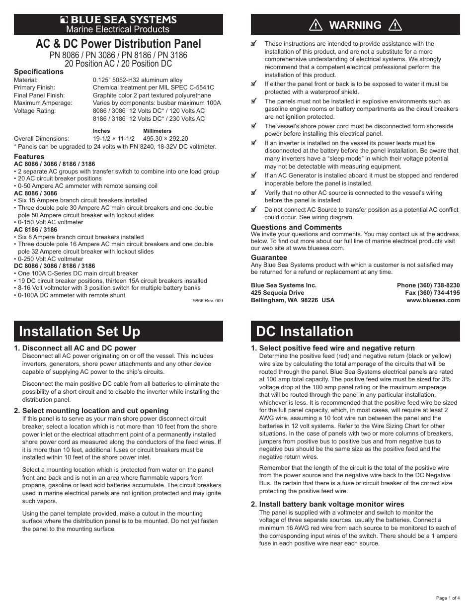 Blue Sea Systems 8086 AC 3 Sources + 12 Positions/DC Main + 19 Position User Manual | 4 pages