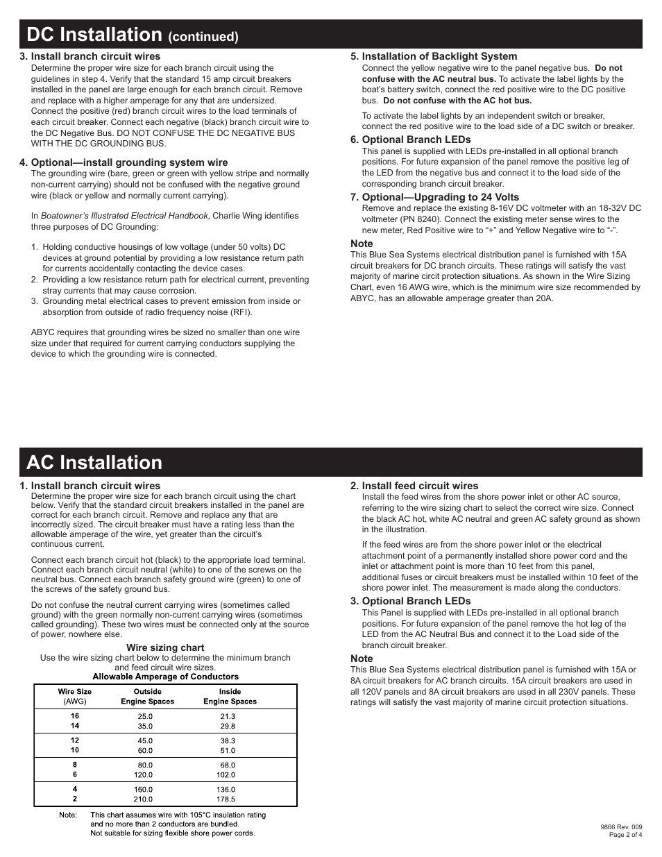 Dc installation, Ac installation, Continued) | Blue Sea Systems 8086 AC 3 Sources + 12 Positions/DC Main + 19 Position User Manual | Page 2 / 4