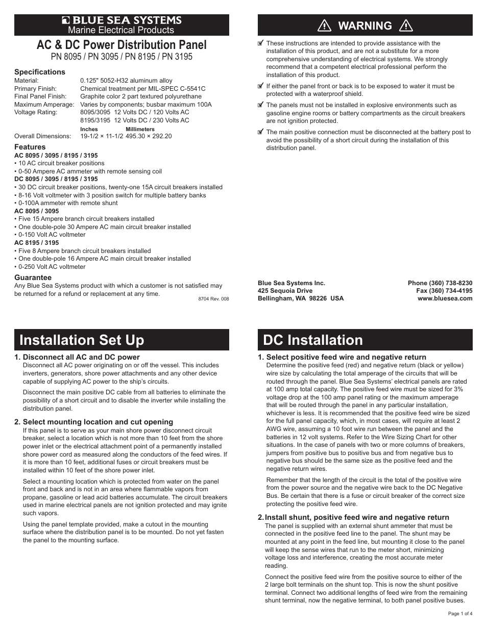 Blue Sea Systems 8195 AC Main + 8 Positions/DC Main + 29 Positions [European] User Manual | 4 pages