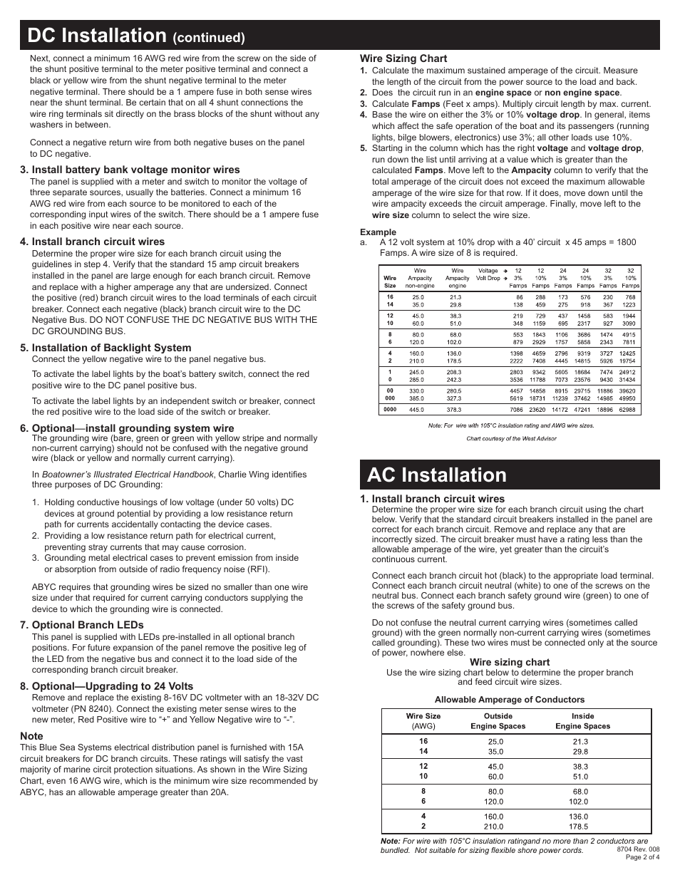 Dc installation, Ac installation, Continued) | Blue Sea Systems 8195 AC Main + 8 Positions/DC Main + 29 Positions [European] User Manual | Page 2 / 4
