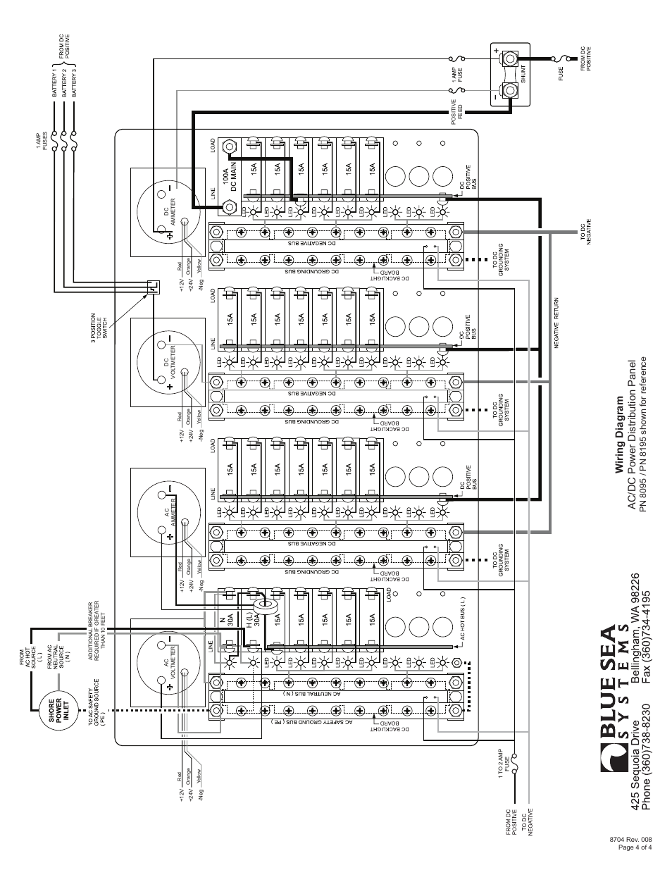 Wiring diagram ac/dc power distribution panel | Blue Sea Systems 8195 AC Main + 8 Positions/DC Main + 29 Positions [European] User Manual | Page 4 / 4
