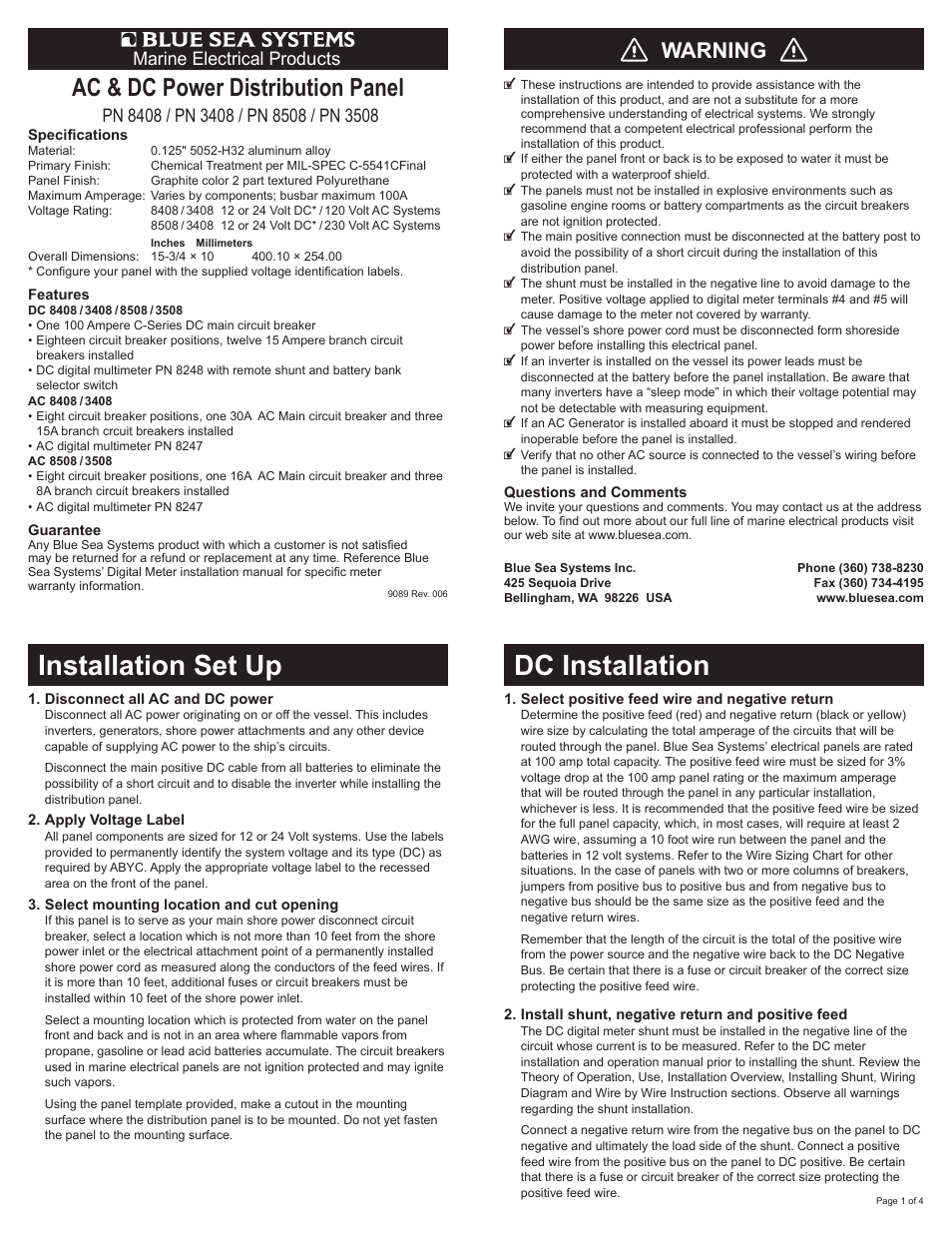 Blue Sea Systems 8508 AC Main + 6 Positions/DC Main + 18 Positions [European] User Manual | 4 pages