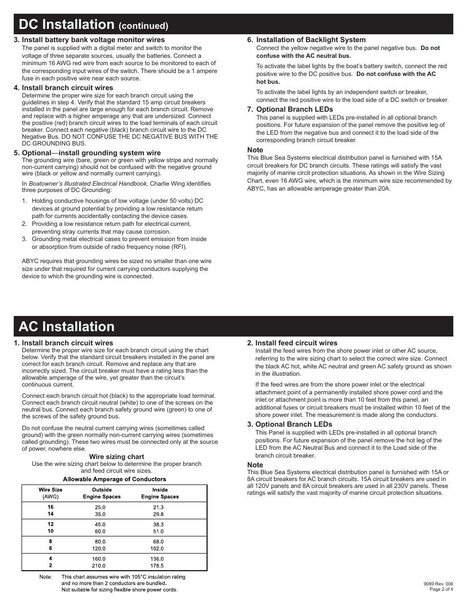 Dc installation, Ac installation, Continued) | Blue Sea Systems 8508 AC Main + 6 Positions/DC Main + 18 Positions [European] User Manual | Page 2 / 4
