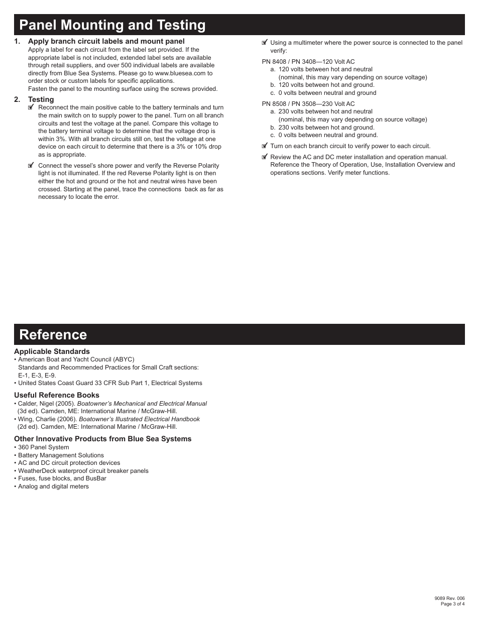 Panel mounting and testing reference | Blue Sea Systems 8508 AC Main + 6 Positions/DC Main + 18 Positions [European] User Manual | Page 3 / 4