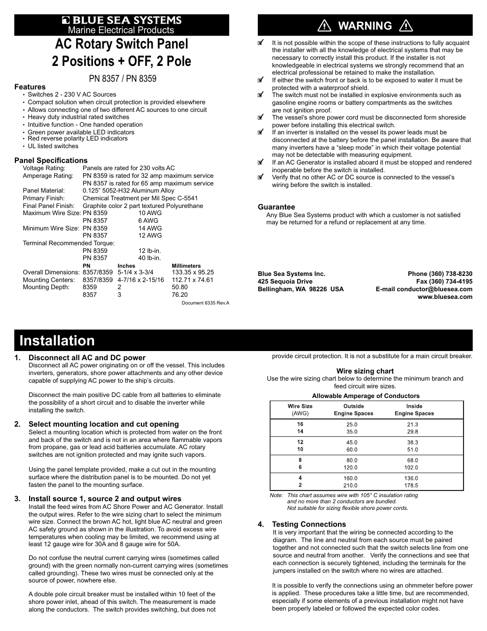 Blue Sea Systems 8359 AC Rotary Switch Panel 2 Positions + OFF, 2 Pole User Manual | 3 pages