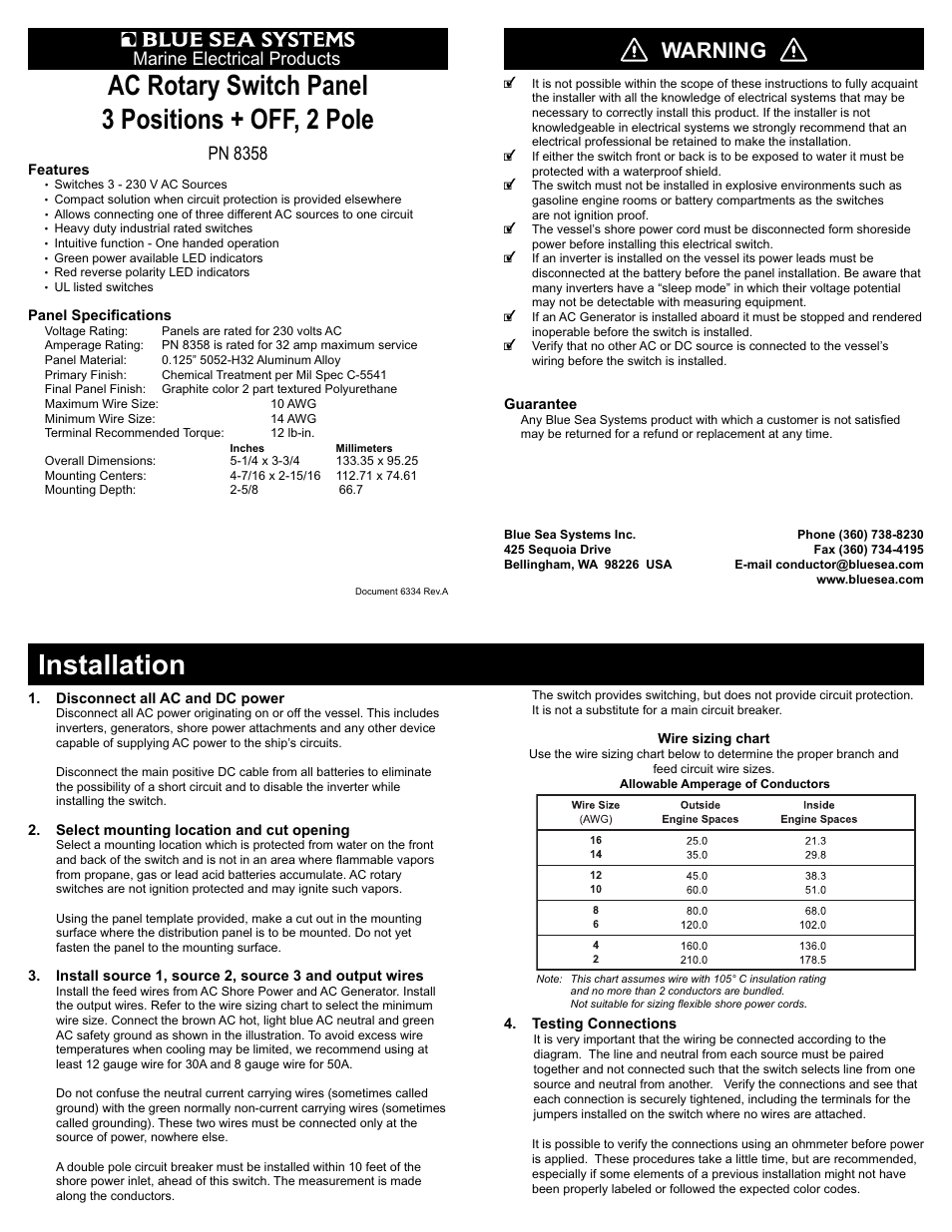 Blue Sea Systems 8358 AC Rotary Switch Panel 30 Ampere 3 positions + OFF, 2 Pole User Manual | 3 pages