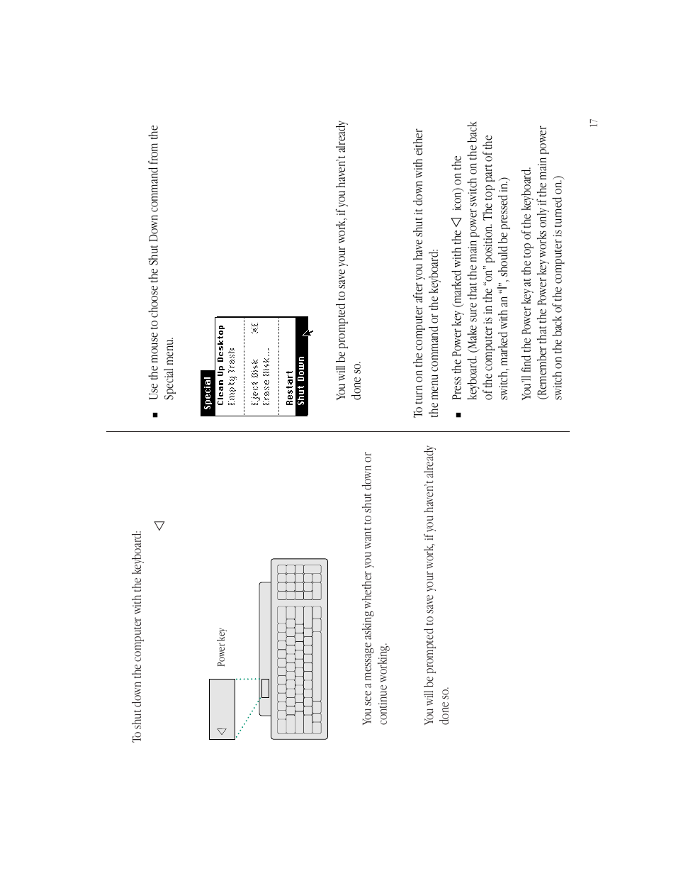 Shutting down the computer with the keyboard, Shutting down the computer with a menu command, Turning on the computer | Apple Macintosh LC 550 User Manual | Page 22 / 37