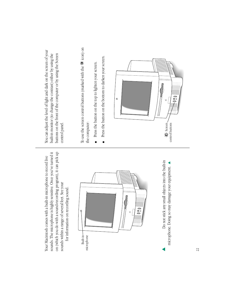 Using the built-in microphone, Adjusting the screen, Using the screen control buttons on the computer | Apple Macintosh LC 550 User Manual | Page 27 / 37