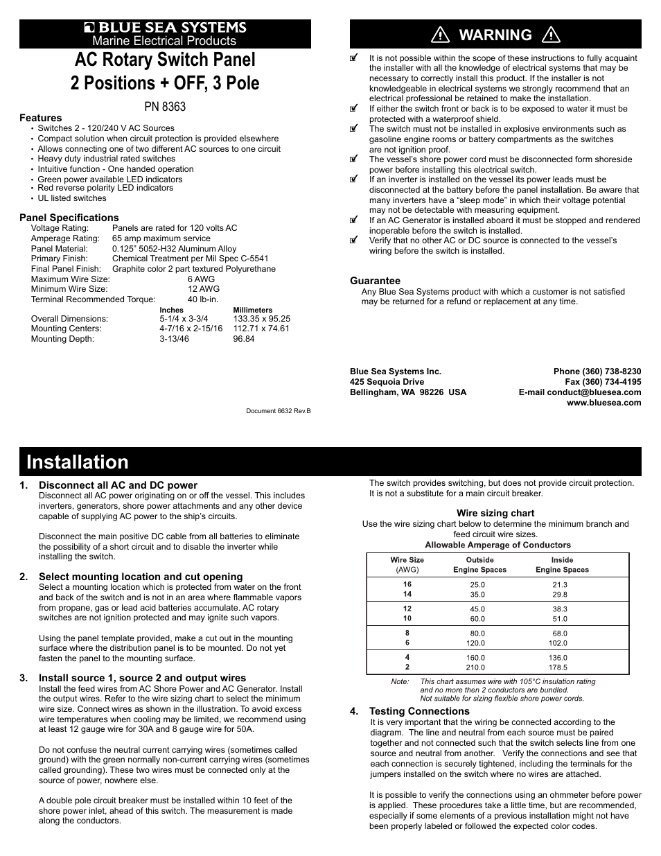 Blue Sea Systems 8363 AC Rotary Switch Panel 65 Ampere 2 positions + OFF, 3 Pole User Manual | 3 pages