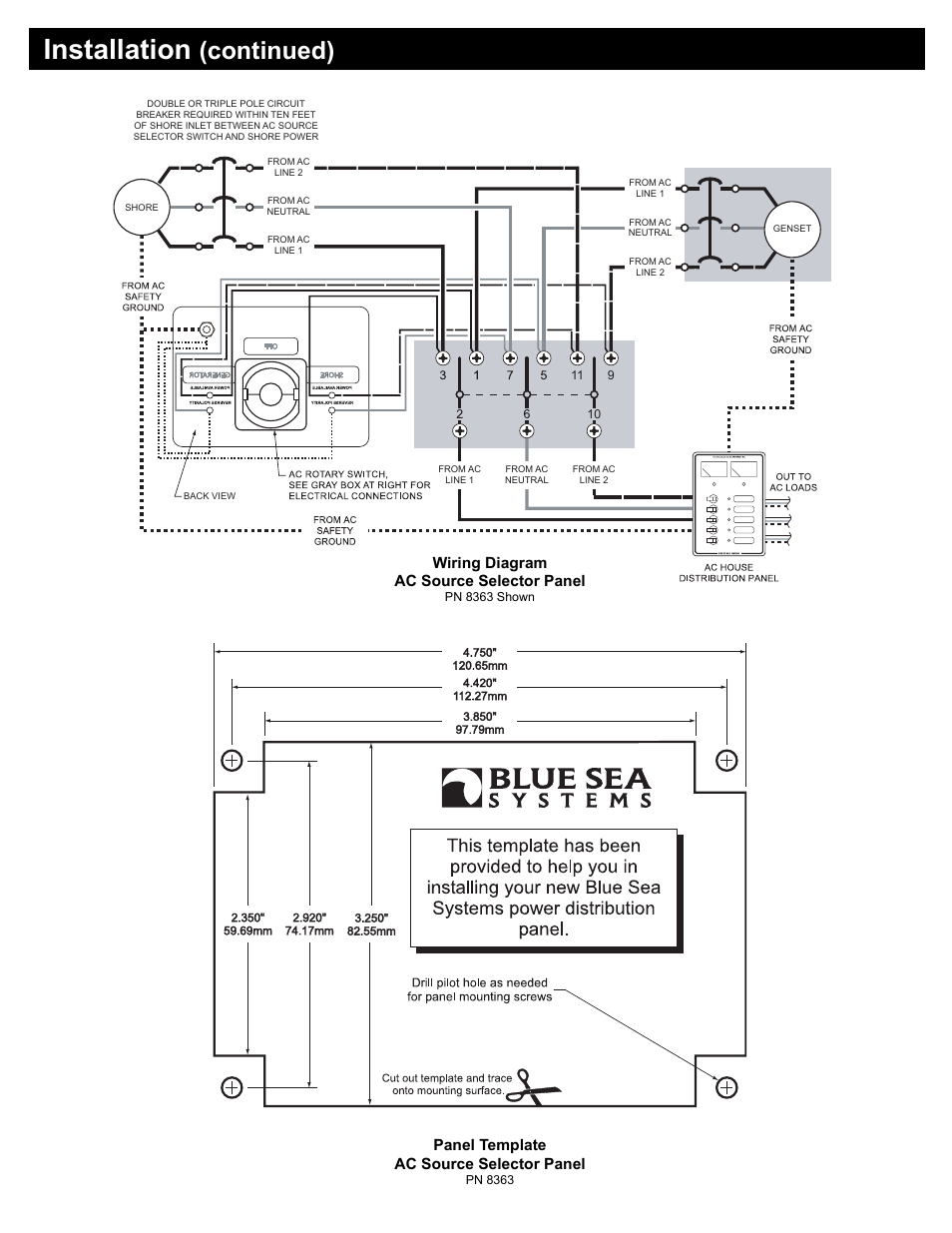 Installation, Continued), Wiring diagram ac source selector panel | Panel template ac source selector panel | Blue Sea Systems 8363 AC Rotary Switch Panel 65 Ampere 2 positions + OFF, 3 Pole User Manual | Page 3 / 3