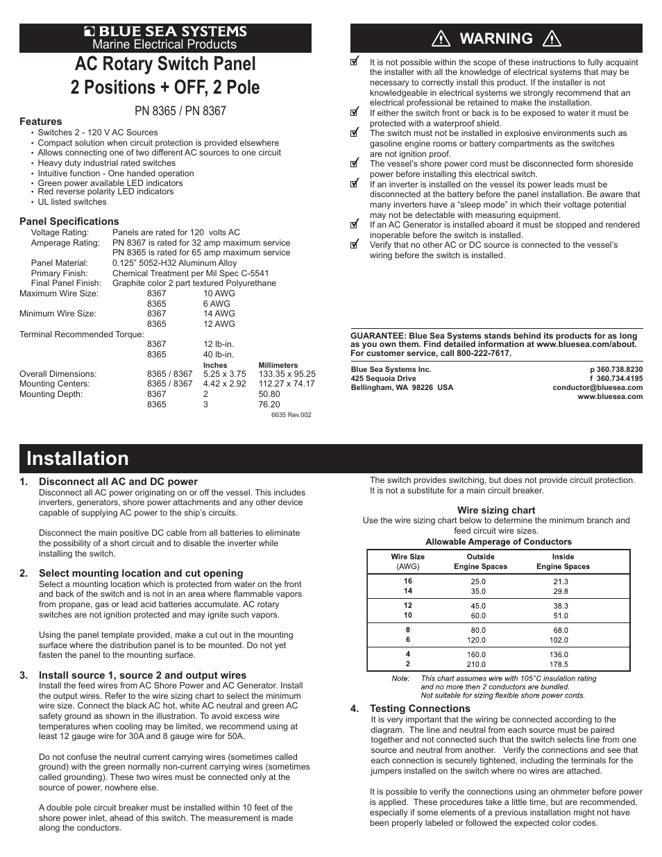 Blue Sea Systems 8367 AC Rotary Switch Panel 30 Ampere 2 positions + OFF, 2 Pole User Manual | 3 pages