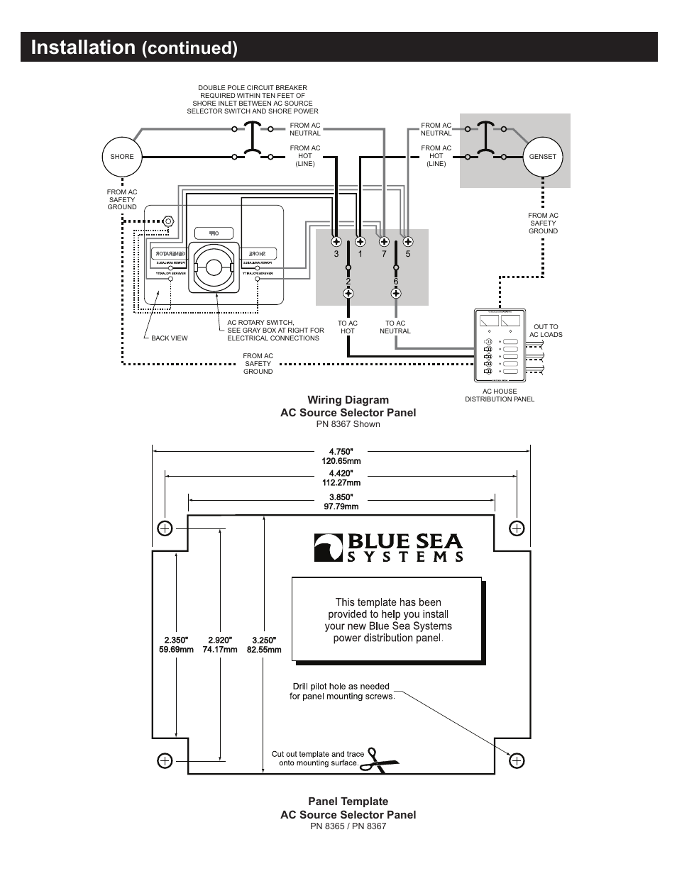 Installation, Continued), Wiring diagram ac source selector panel | Panel template ac source selector panel | Blue Sea Systems 8367 AC Rotary Switch Panel 30 Ampere 2 positions + OFF, 2 Pole User Manual | Page 3 / 3