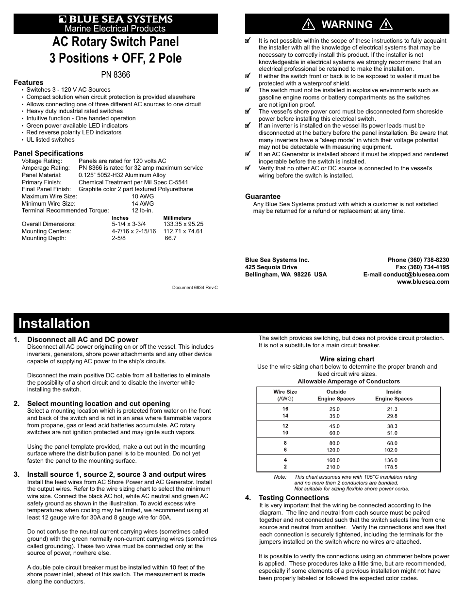Blue Sea Systems 8366 AC Rotary Switch Panel 30 Ampere 3 positions + OFF, 2 Pole User Manual | 3 pages