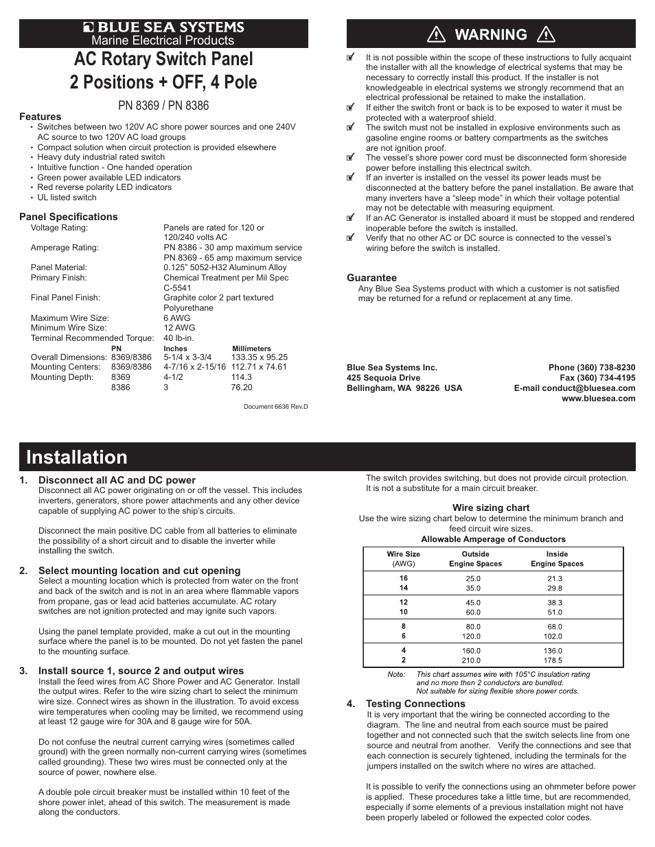 Blue Sea Systems 8386 AC Rotary Switch Panel 30 Ampere 2 positions + OFF, 4 Pole User Manual | 3 pages
