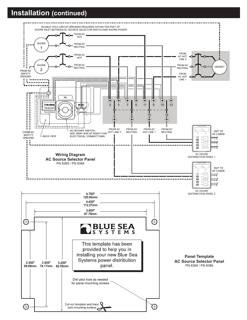 Installation, Continued), Wiring diagram ac source selector panel | Panel template ac source selector panel | Blue Sea Systems 8386 AC Rotary Switch Panel 30 Ampere 2 positions + OFF, 4 Pole User Manual | Page 3 / 3