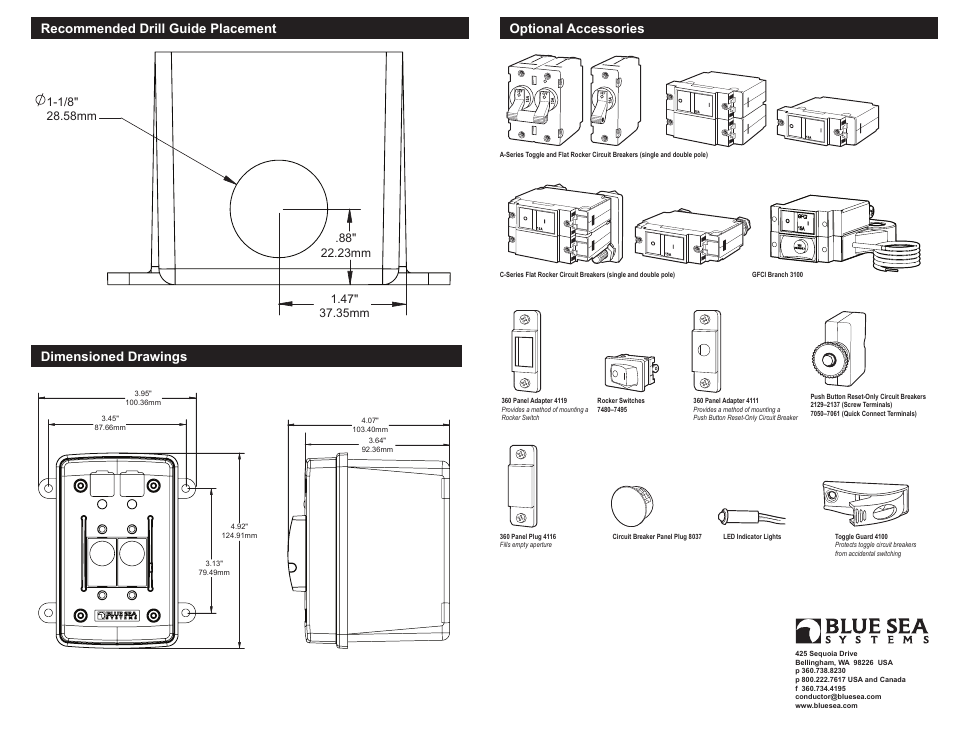 Recommended drill guide placement, Dimensioned drawings, Optional accessories | Blue Sea Systems 3131 Circuit Breaker Enclosure User Manual | Page 2 / 2