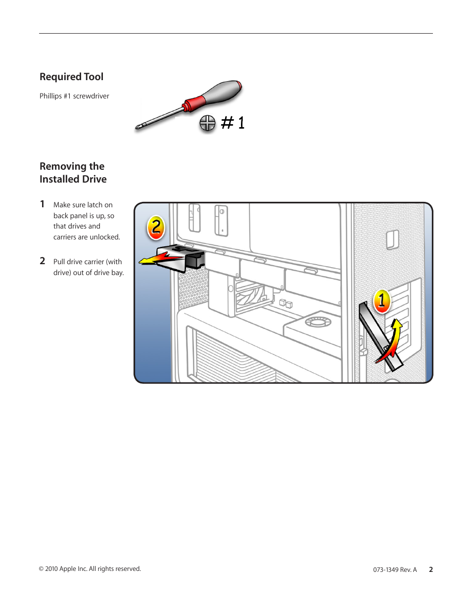 Required tool, Removing the installed drive 1 | Apple MAC PRO (Solid-State Drive Replacement) User Manual | Page 2 / 7