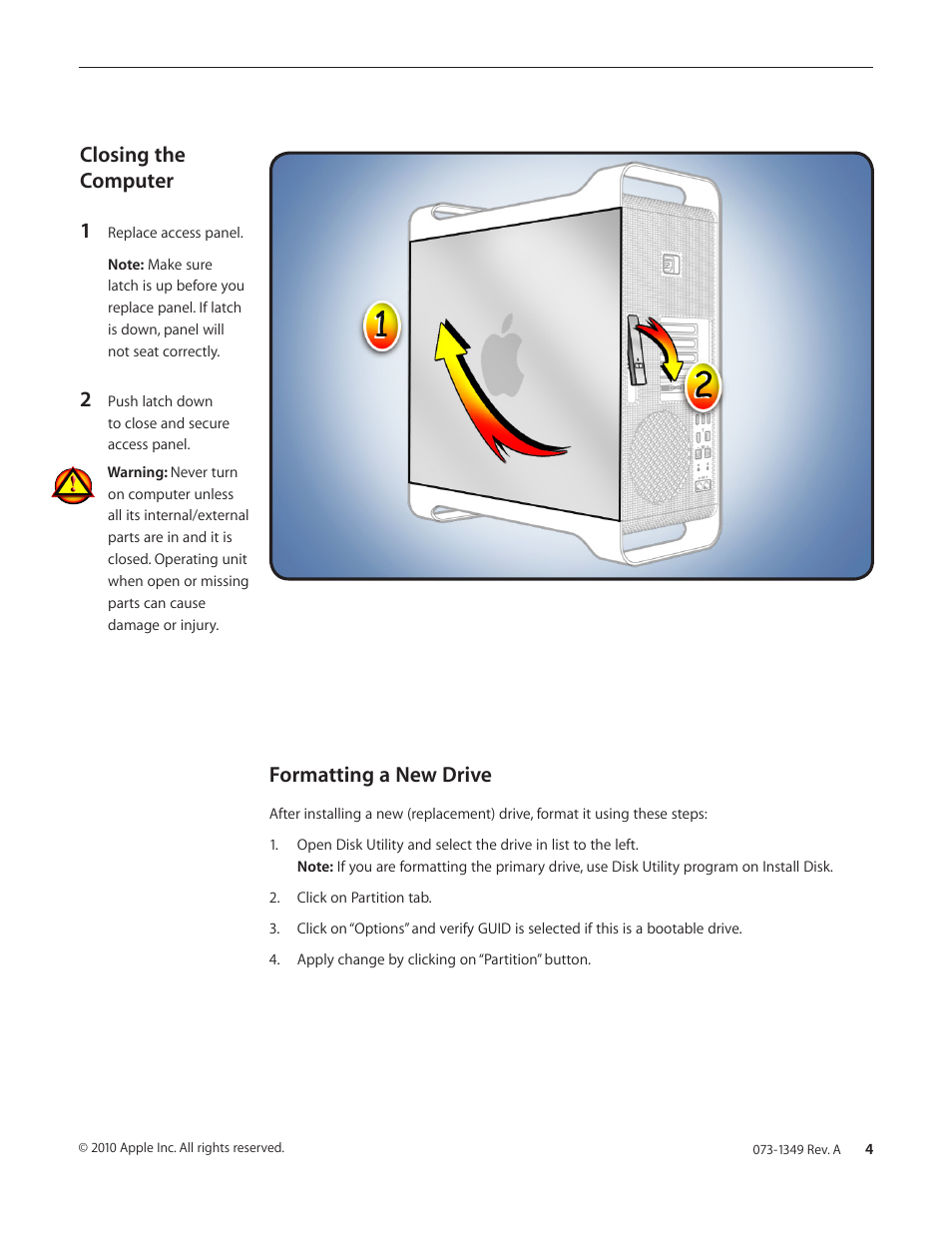 Closing the computer 1, Formatting a new drive | Apple MAC PRO (Solid-State Drive Replacement) User Manual | Page 4 / 7