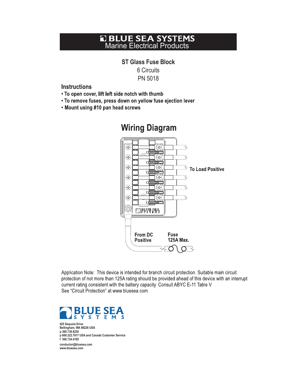 Blue Sea Systems 5018 ST Glass 6 Circuit Fuse Block with Cover User Manual | 1 page