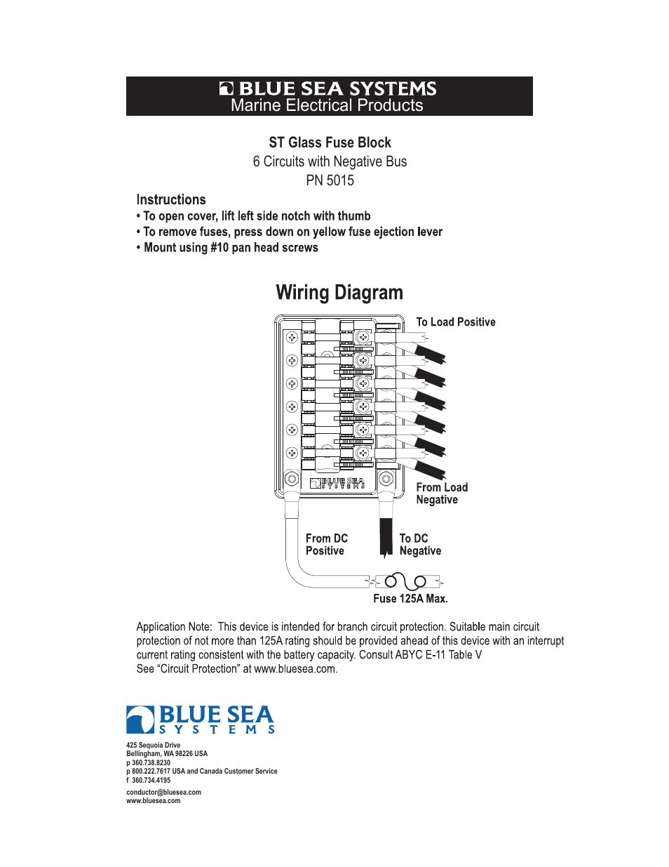 Blue Sea Systems 5015 ST Glass 6 Circuit Fuse Block with Negative Bus and Cover User Manual | 1 page