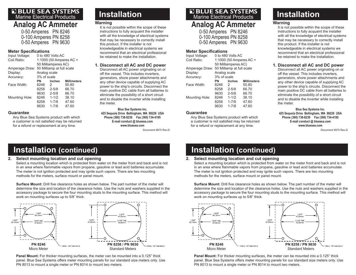 Blue Sea Systems 8246 AC Micro Ammeter - 0 to 50A with Coil User Manual | 2 pages