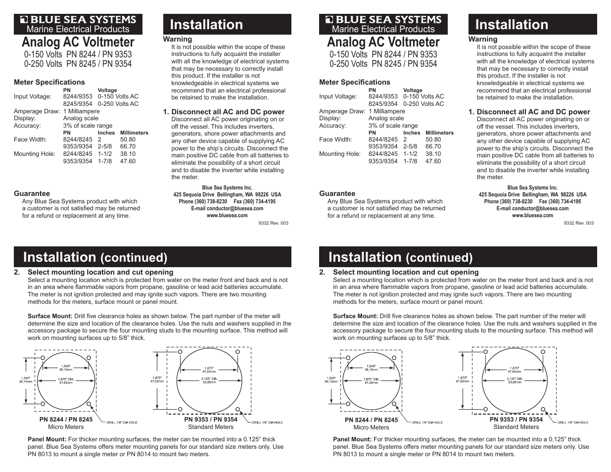 Blue Sea Systems 8244 AC Micro Voltmeter - 0 to 15V AC User Manual | 2 pages