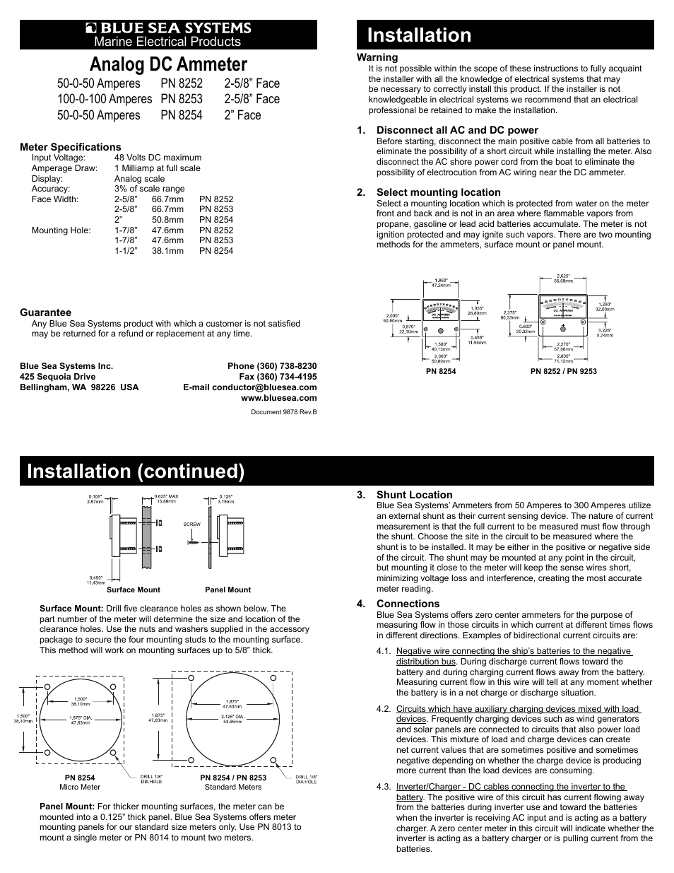 Blue Sea Systems 8252 DC Ammeter - 50-0-50A with Shunt User Manual | 2 pages