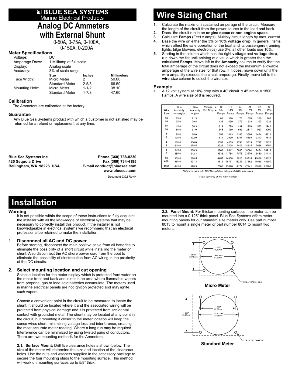 Blue Sea Systems 8017 DC Analog Ammeter - 0 to 100A with Shunt User Manual | 2 pages