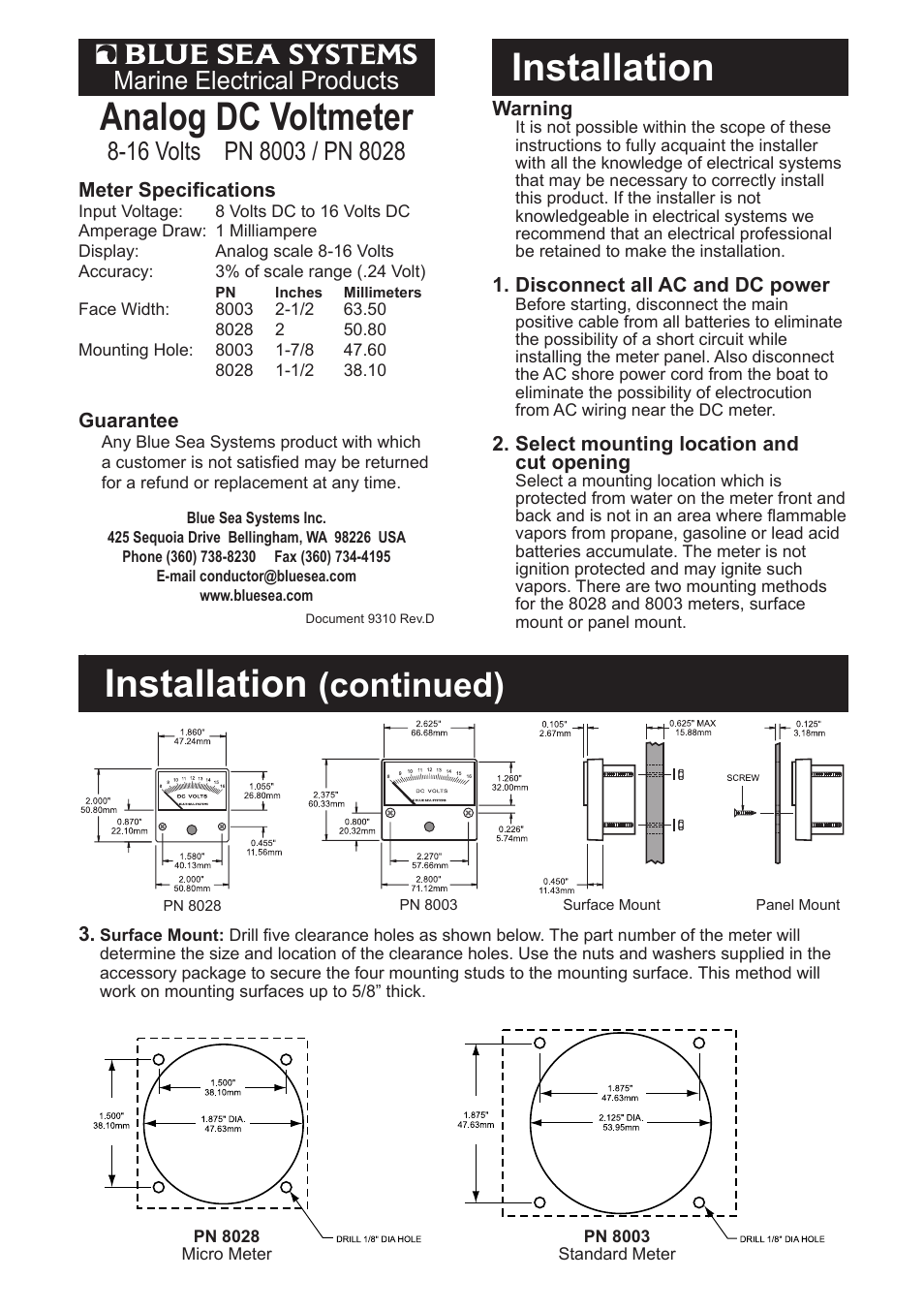 Blue Sea Systems 8015 DC analog Voltmeter Panel - 8 to 16V DC User Manual | 2 pages