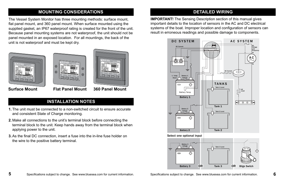 Mounting considerations, Detailed wiring, Surface mount flat panel mount | 360 panel mount | Blue Sea Systems 1801 Vessel Systems Monitor VSM 422 User Manual | Page 5 / 50