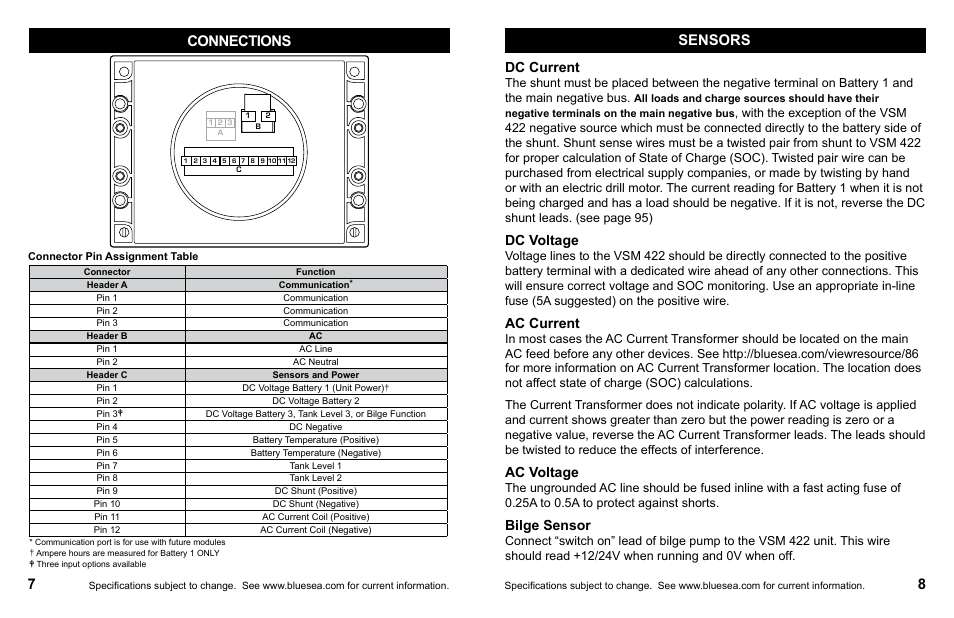Connections, Sensors, Dc current | Dc voltage, Ac current, Ac voltage, Bilge sensor | Blue Sea Systems 1801 Vessel Systems Monitor VSM 422 User Manual | Page 6 / 50