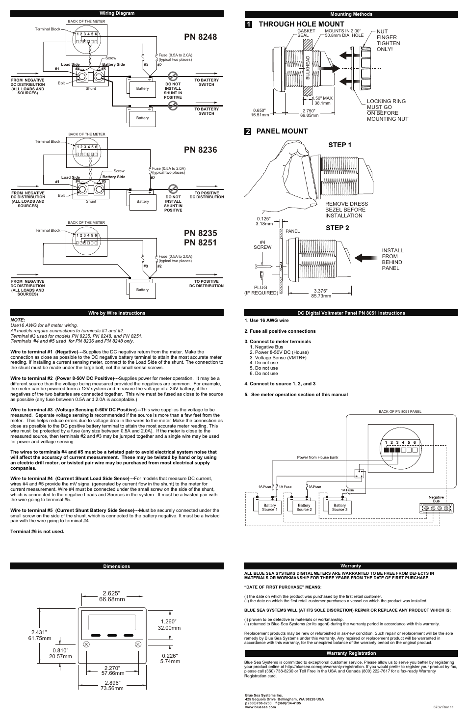 Pn 8248, Pn 8236, Panel mount | Through hole mount, Step 2 step 1 | Blue Sea Systems 8401 DC 5 Position User Manual | Page 2 / 2