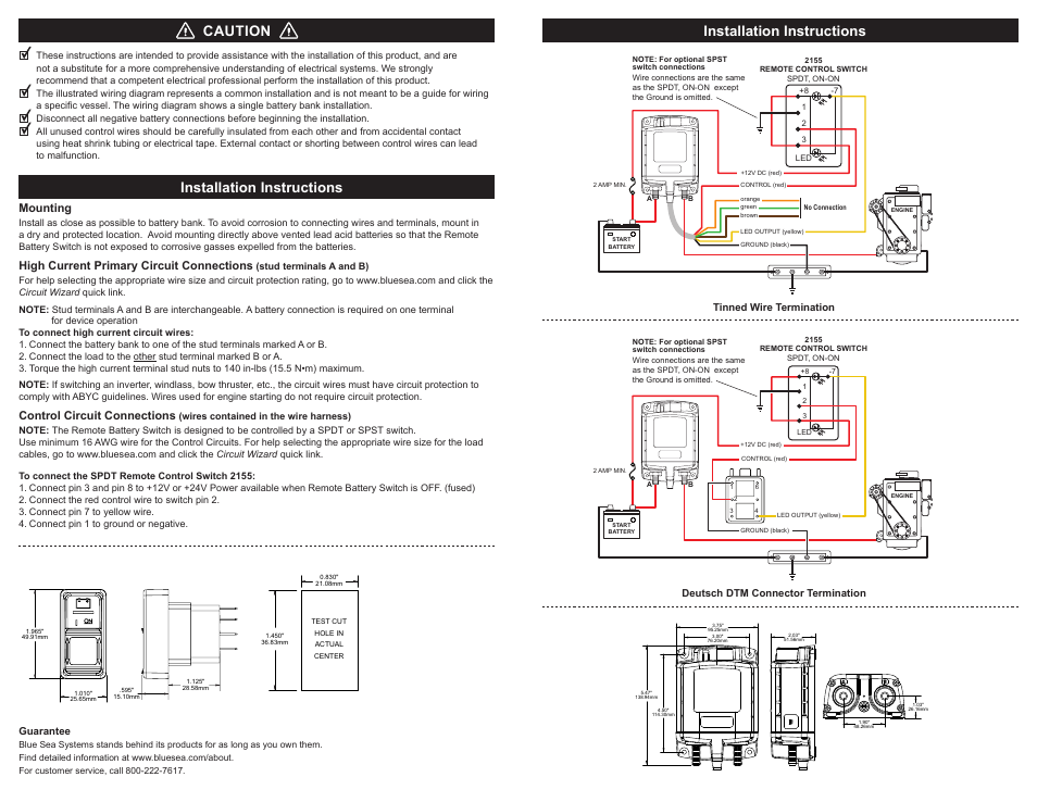 Installation instructions, Caution | Blue Sea Systems 7717 ML-RBS Remote Battery Switch with Manual Control Auto-Release - 24V User Manual | Page 2 / 2