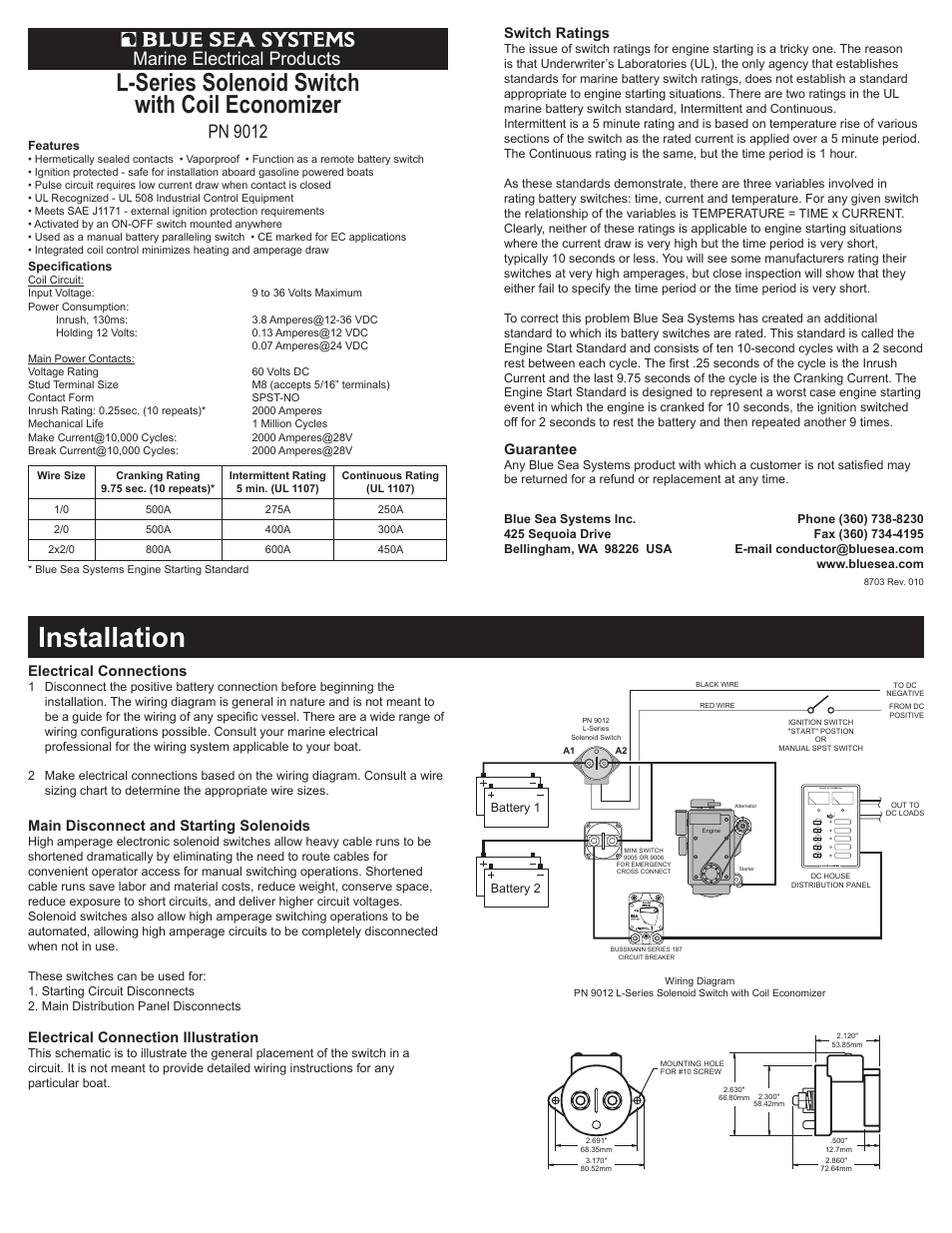 Blue Sea Systems 9012 L Solenoid - 12/24V DC 250A User Manual | 1 page