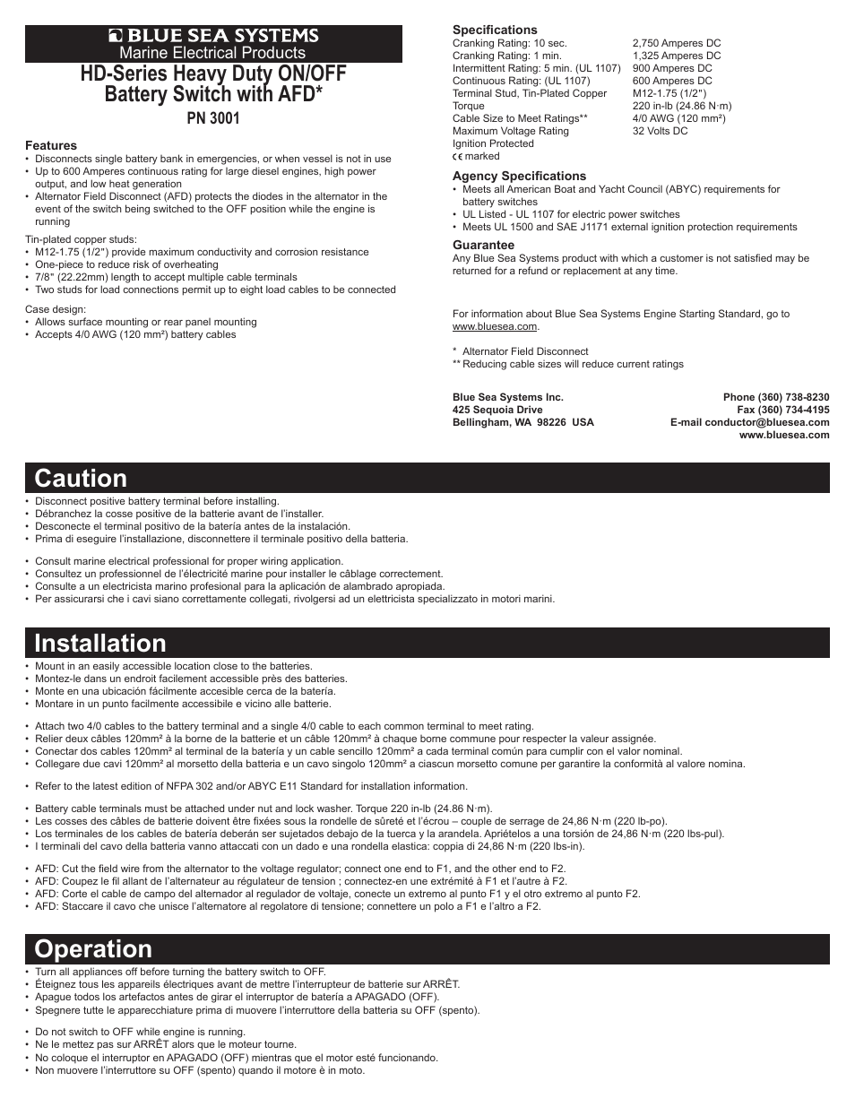 Blue Sea Systems 3001 HD-Series Heavy Duty On-Off Battery Switch with AFD User Manual | 2 pages