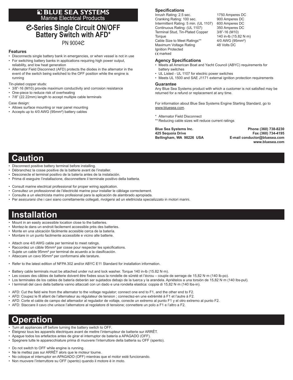 Blue Sea Systems 9004e e-Series On-Off Battery Switch User Manual | 2 pages