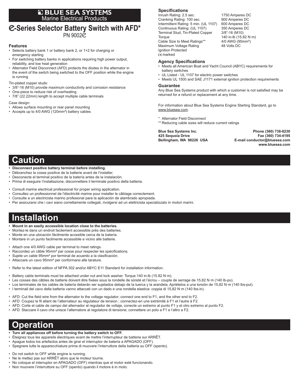 Blue Sea Systems 9002e e-Series Selector Battery Switch with AFD User Manual | 2 pages