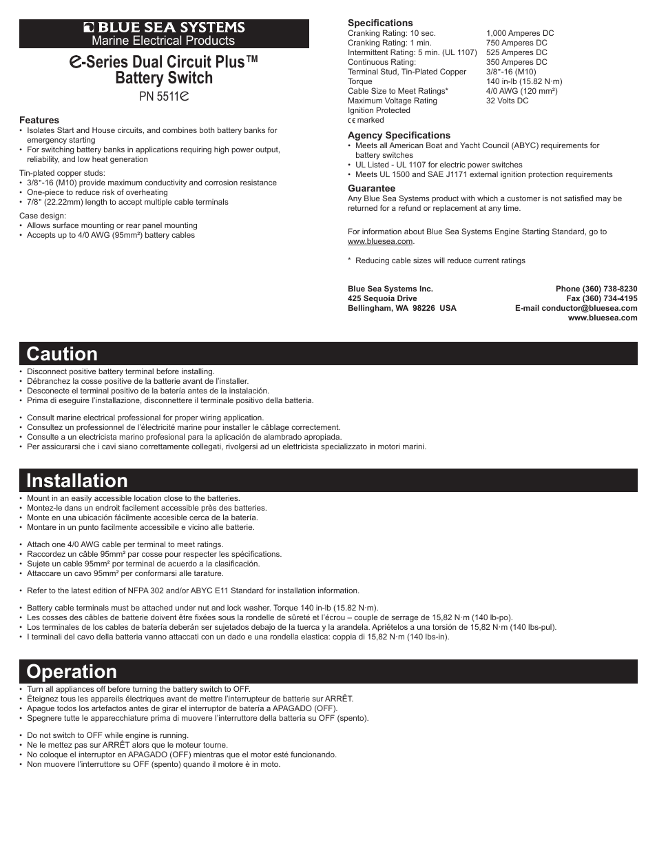 Blue Sea Systems 5511e e-Series Dual Circuit Plus Battery Switch User Manual | 2 pages