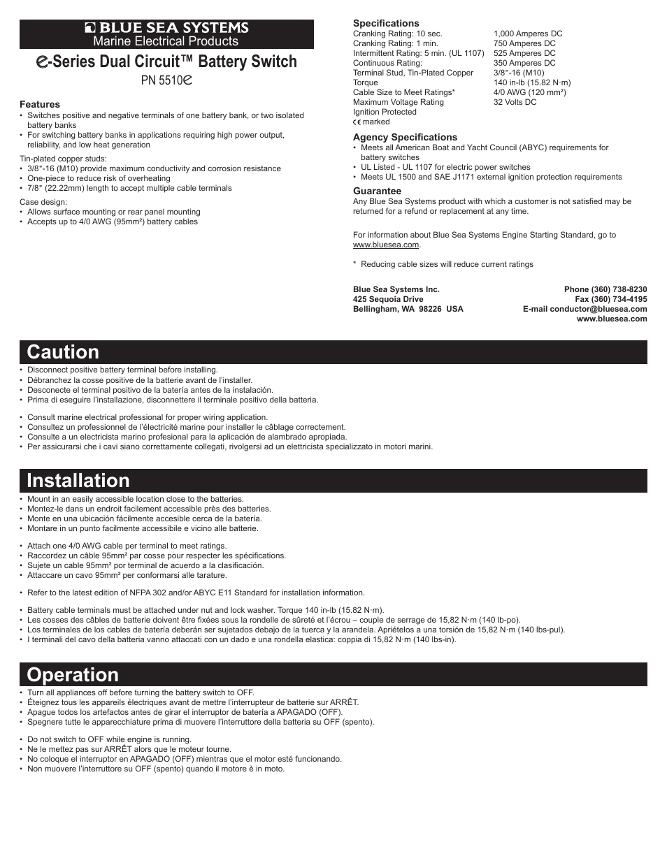 Blue Sea Systems 5510e e-Series Dual Circuit Battery Switch User Manual | 2 pages