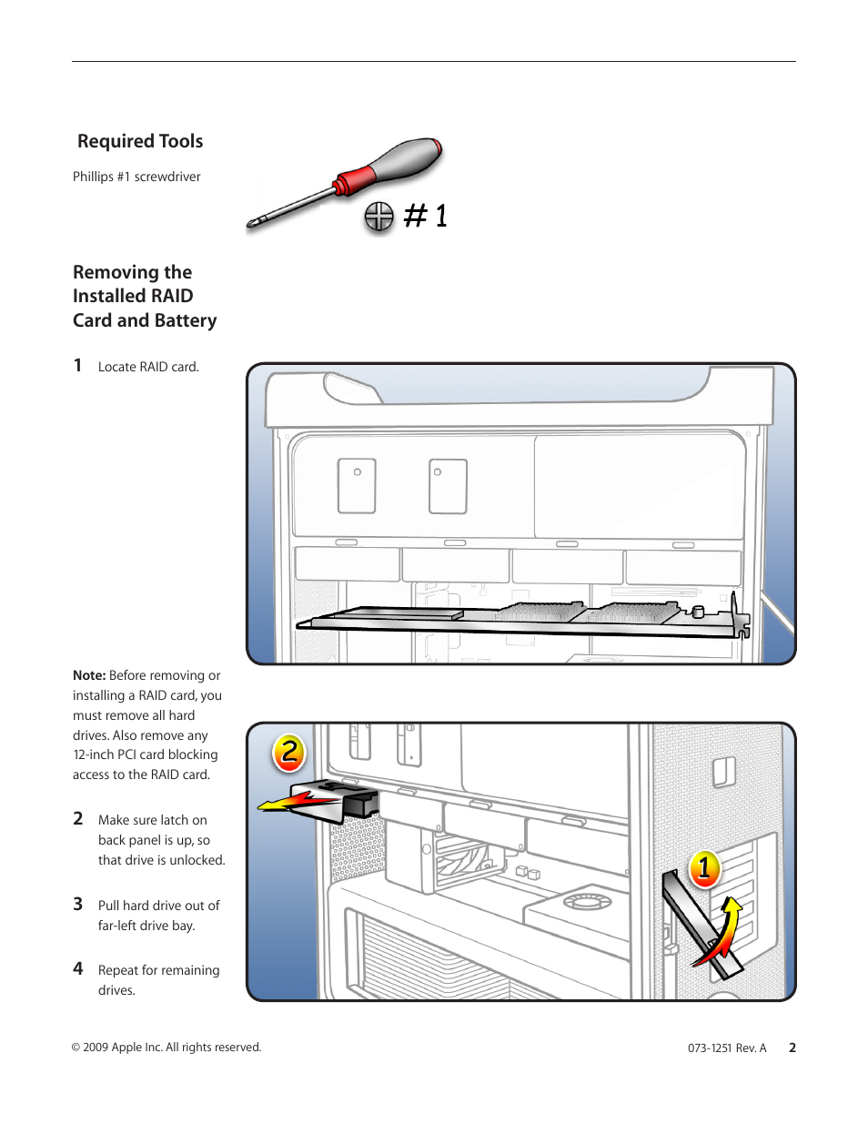 Required tools, Removing the installed raid card and battery 1 | Apple Mac Pro RAID Card and Battery User Manual | Page 2 / 6