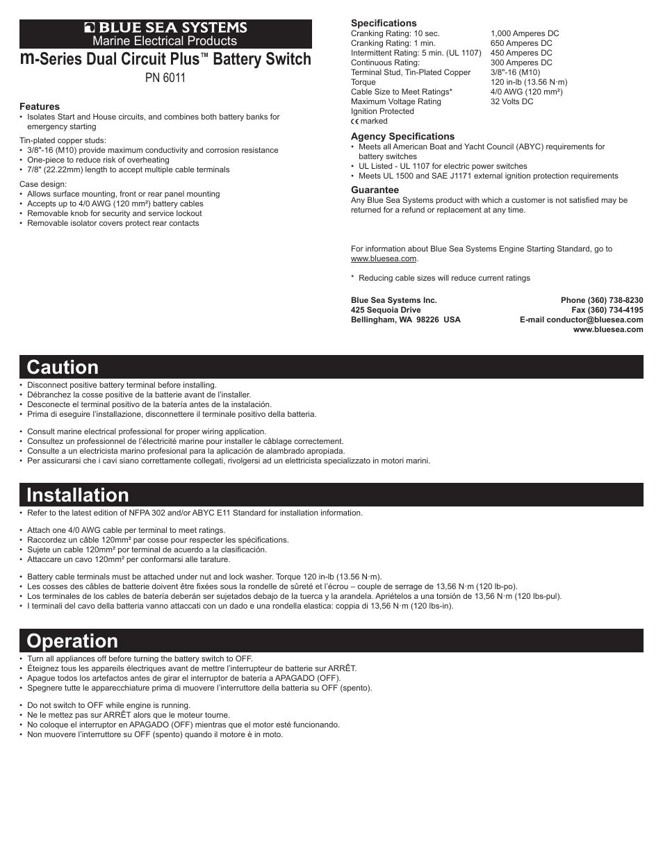 Blue Sea Systems 6011 m-Series Mini Dual Circuit Plus Battery Switch User Manual | 2 pages