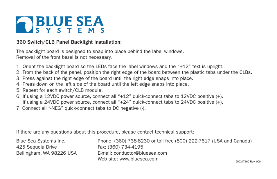 Blue Sea Systems 4121 360 Panel Backlight User Manual | 1 page