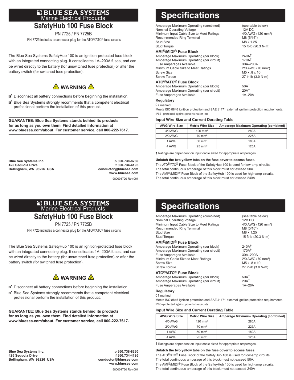 Blue Sea Systems 7725 SafetyHub 100 Fuse Block User Manual | 2 pages
