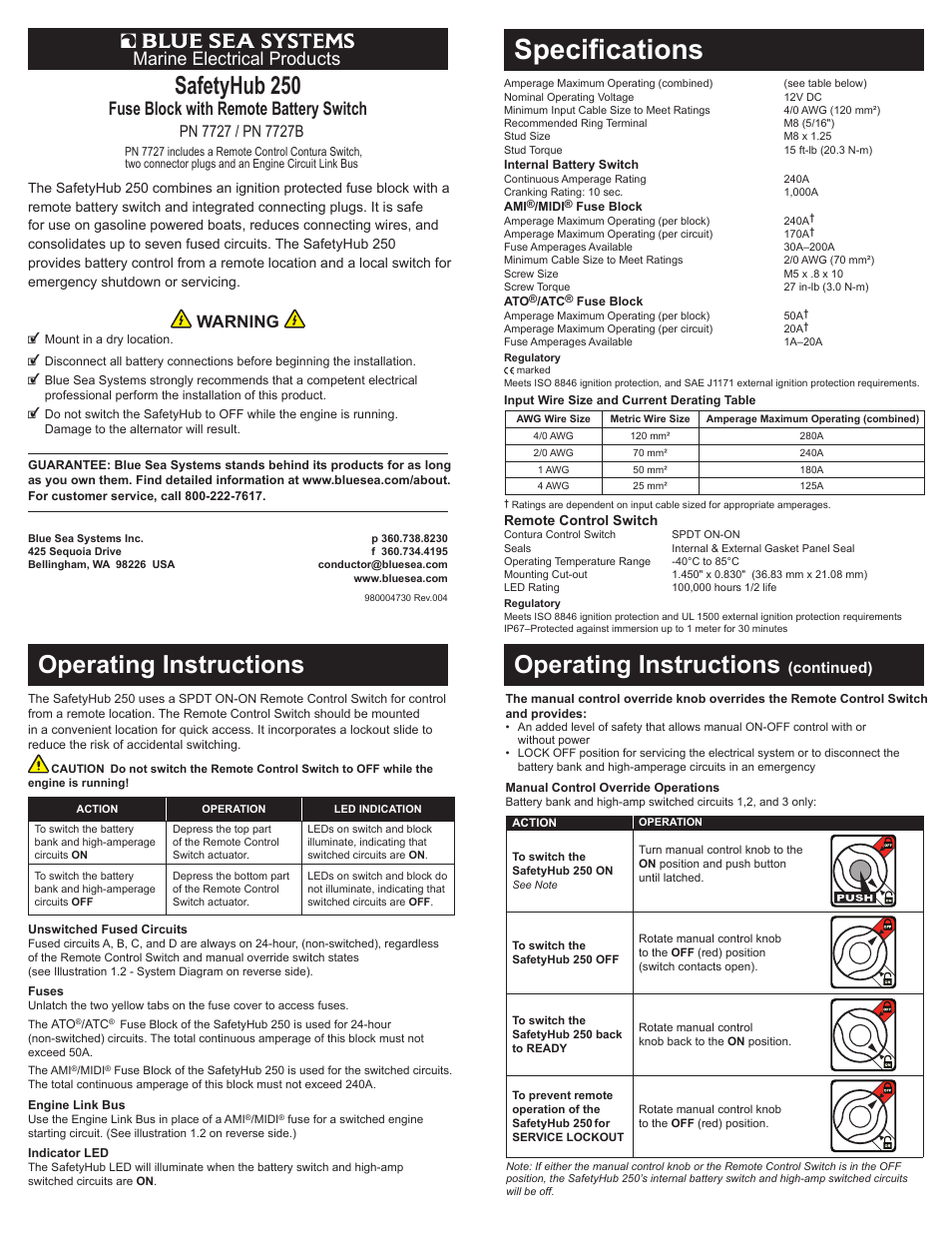 Blue Sea Systems 7727 SafetyHub 250 Fuse Block and Solenoid with Manual Control User Manual | 2 pages