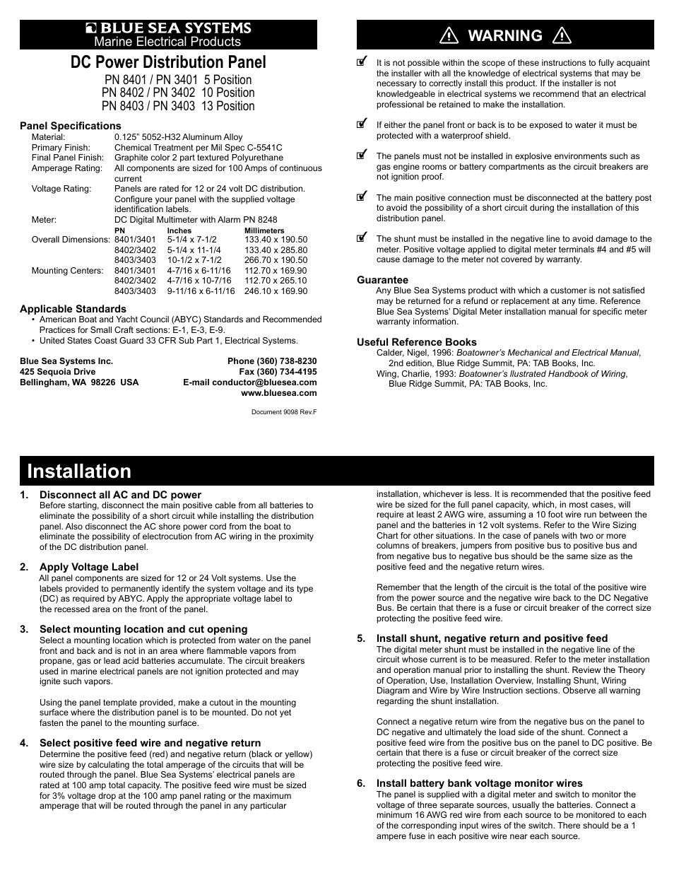 Blue Sea Systems DC Power Distribution Panel 5,10,13 Position User Manual | 2 pages