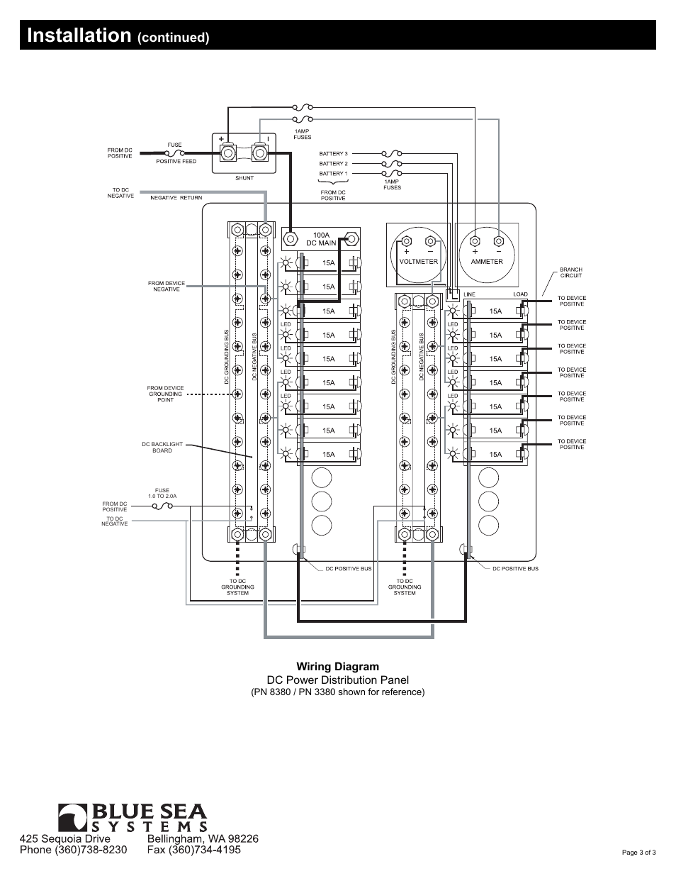 Installation, Continued), Wiring diagram dc power distribution panel | Blue Sea Systems 8380 DC Main + 22 Positions, White Toggle User Manual | Page 3 / 3