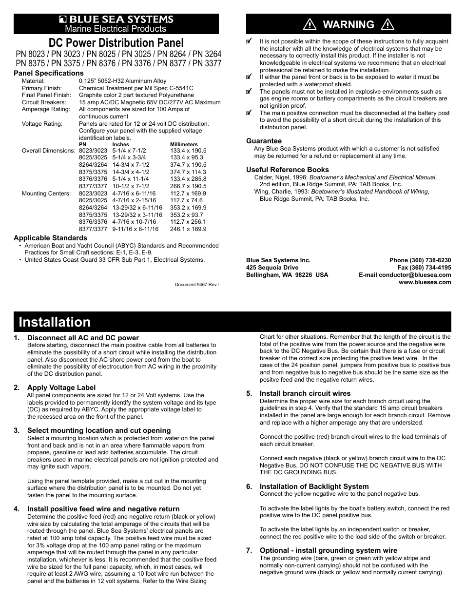 Blue Sea Systems 8023 Traditional Metal DC Panel - 8 Positions User Manual | 2 pages